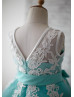 Turquoise Tulle Ivory Lace V Back Knee Length Flower Girl Dress 